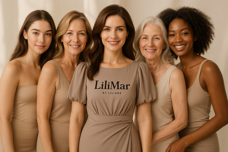 A BUNCH OF YOUNG, MID AGE AND OLDER WOMEN, ALL LOOKING GOOD WITH THE WOMAN IN THE MIDDLE WEARING A DRESS WITH LILIMAR BY LILIANE BRAND 