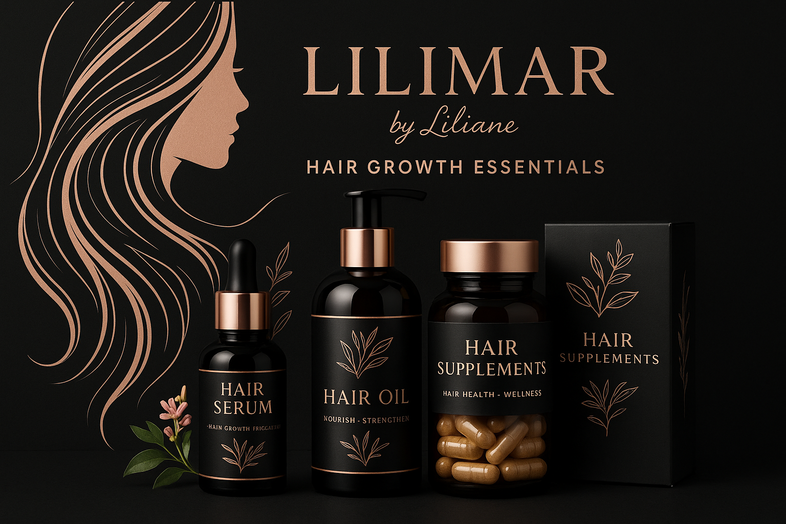 Hair Growth Essentials, colors black, pink and gold, add logo LILIMAR by Liliane