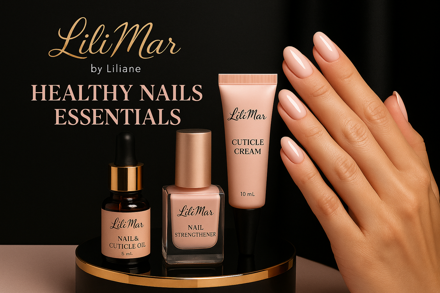 Healthy Nails Essentials, colors Gold, black and pink, add logo LiliMar by Liliane